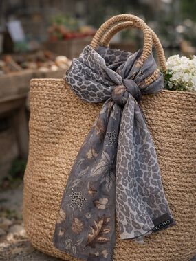 Echo 100% Silk Reversible Scarf Gray Leopard & Leaf Print Oblong Wrap